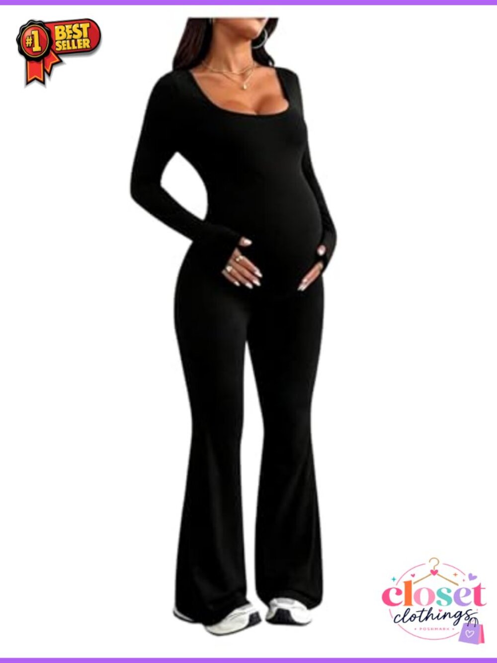 Maternity Long Sleeve Jumpsuit Slim Fit Flare Leg Workout Activewear